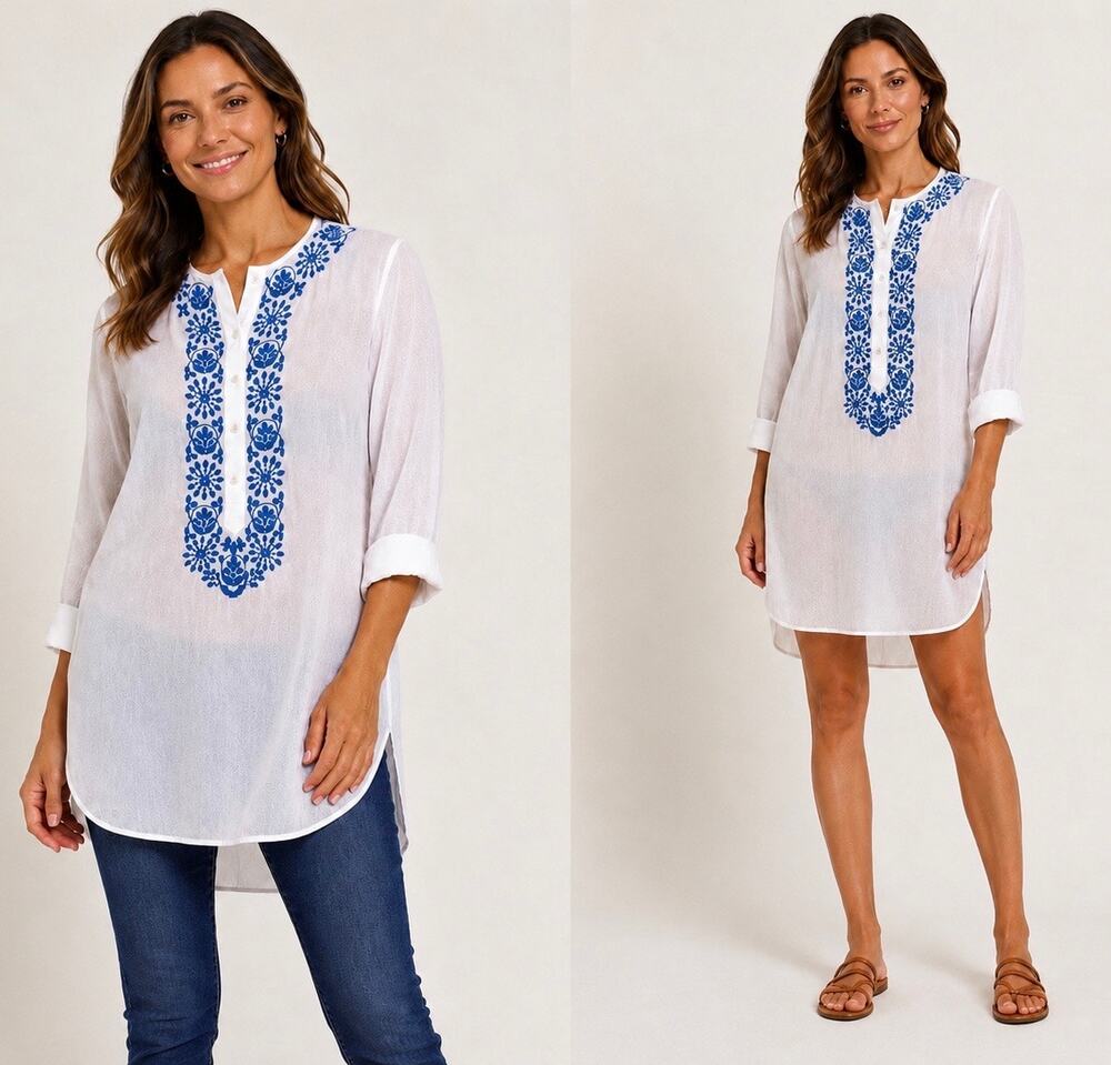 Nili Lotan Sz Small S White Blue Morrocan Embroidered Tunic Shirt Dress